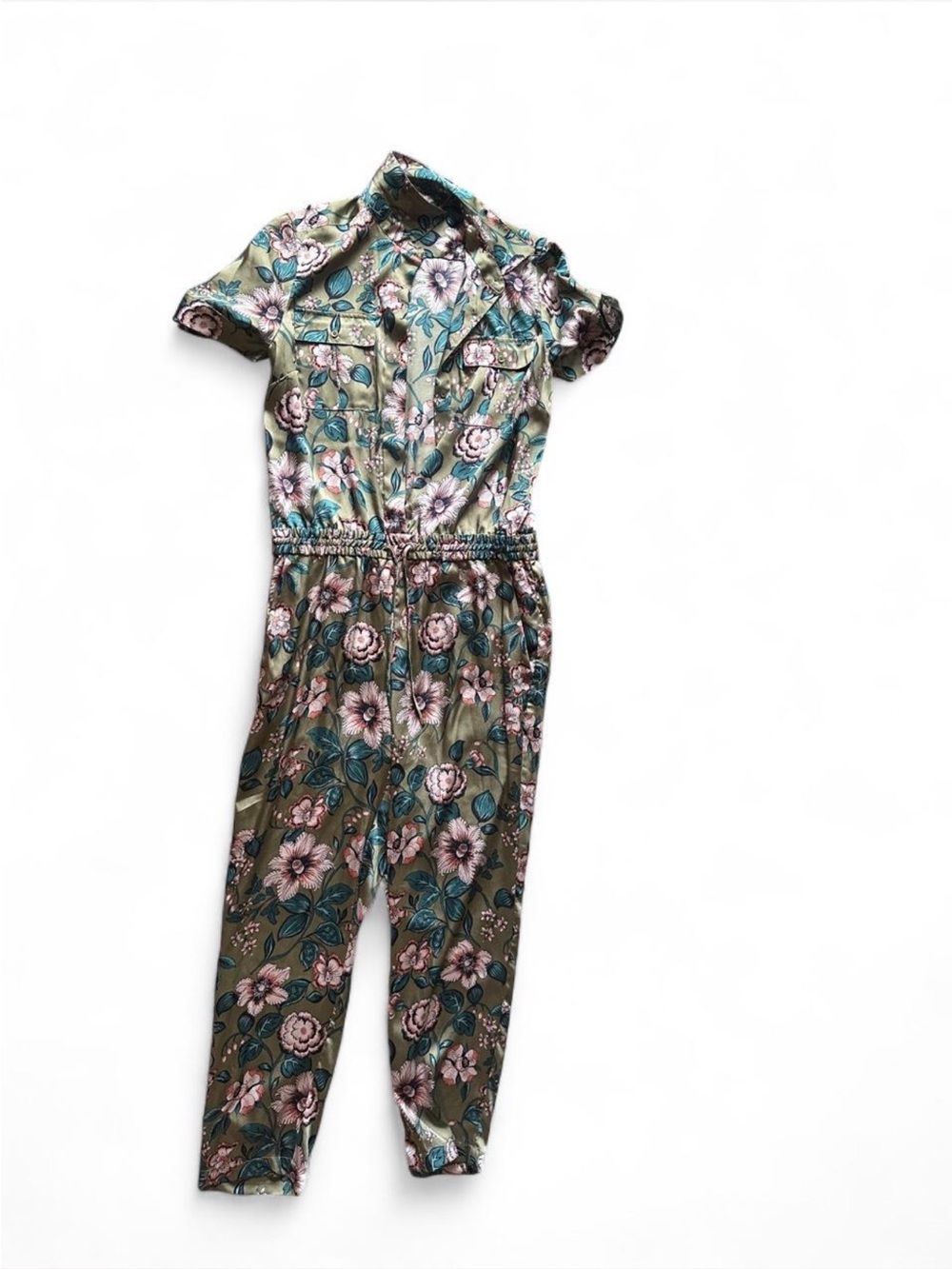 Ralph Lauren silky Floral jumpsuit with pink, blue, and green flowers on a dark